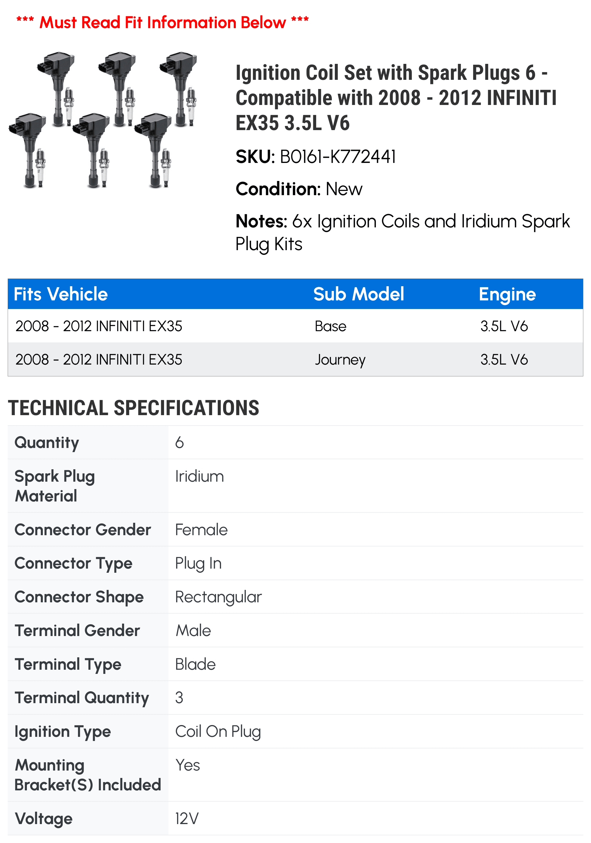 Ignition Coil Set with Spark Plugs 6 - Compatible with 2008 - 2012 INFINITI EX35 3.5L V6 - Autopart Premium