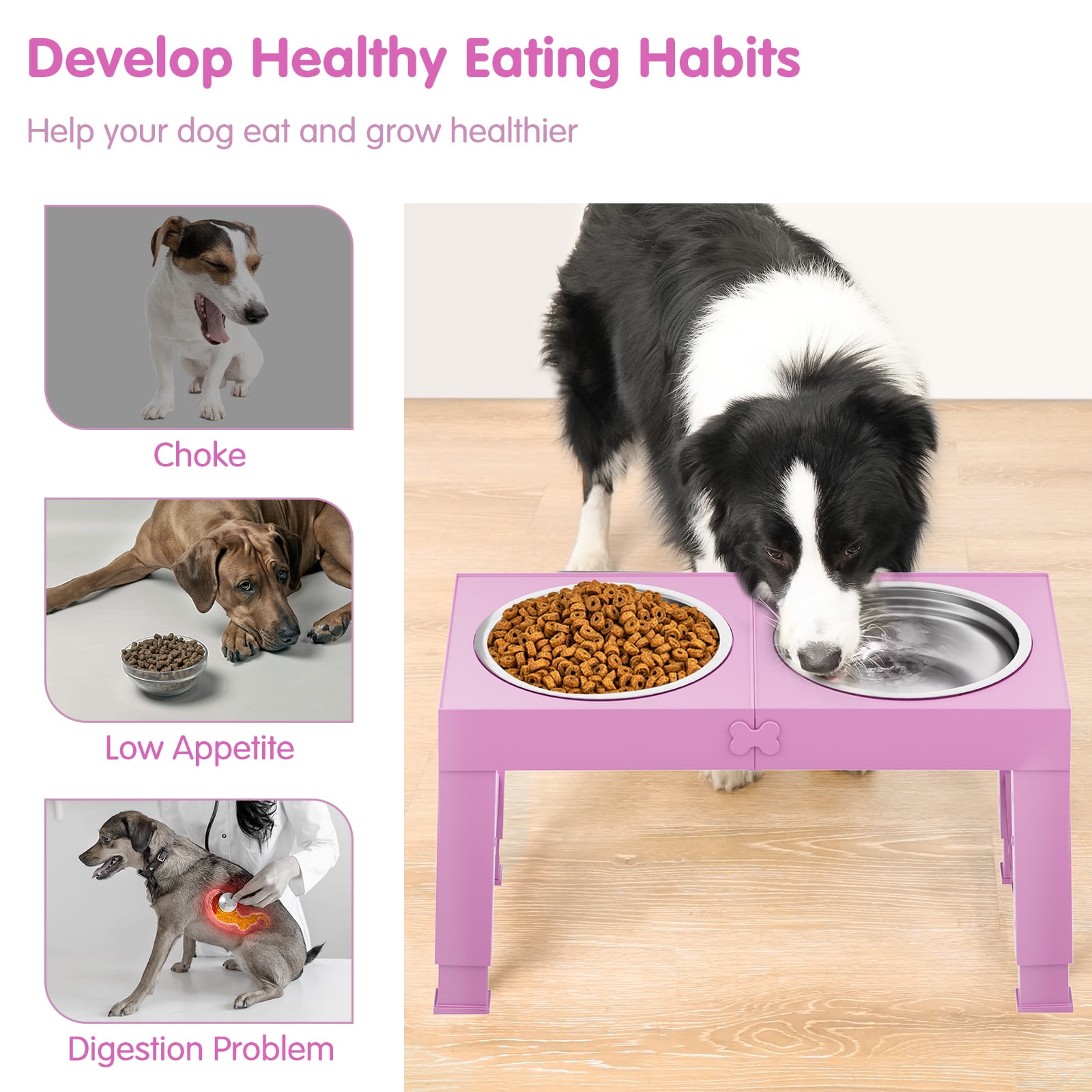 X XBEN Elevated Dog Bowls, 5 Heights Adjustable Dog Raised Bowl Stand with Two 1000ML Stainless Steel Dog Food and Water Bowls, Pet Bowl Holder to Protect Dogs Joints for Small Medium Large Dog