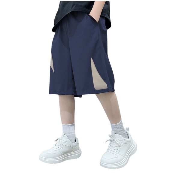 LEKWK Basketball Shorts Boys Color Block Trunks Elastic Waist Sport Bottoms Soft Breathable Pockets Gym Running Workout Active Summer Daily Wear