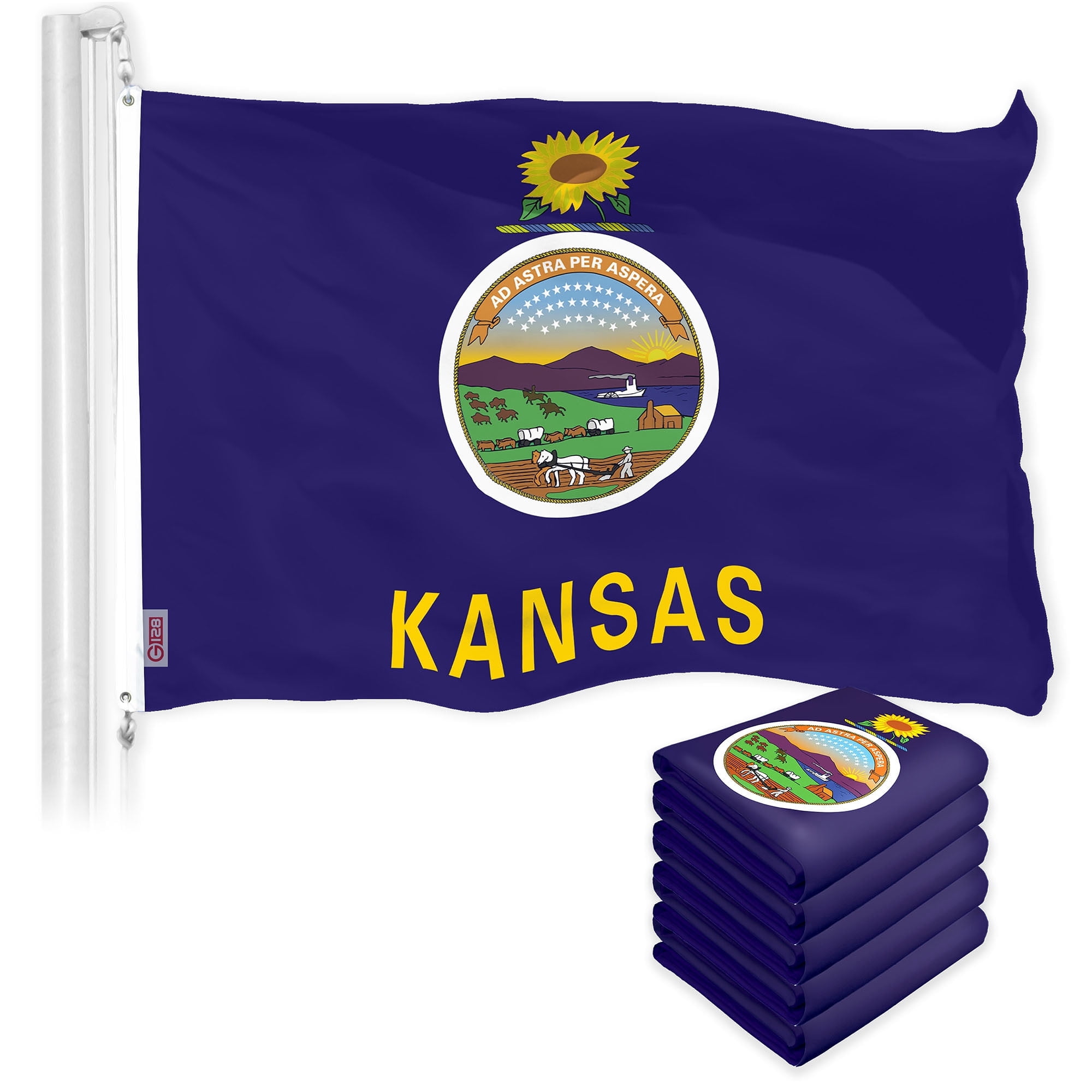 G128 5 Pack: Kansas KS State Flag | 3x5 Ft | LiteWeave Pro Series Printed 300D Polyester | Indoor/Outdoor, Vibrant Colors, Brass Grommets, Thicker and More Durable Than 100D 75D Polyester