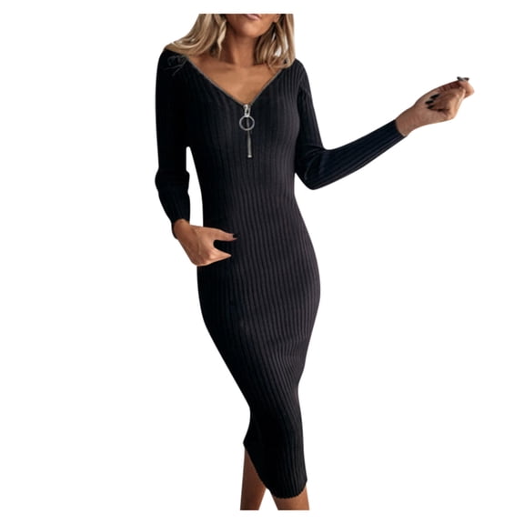 LowProfile Dresses for Women Casual Winter Fall Plus Size Long Sleeve V-Neck Slim Zipper Stitching Long Skirt Fashion Dress Black L