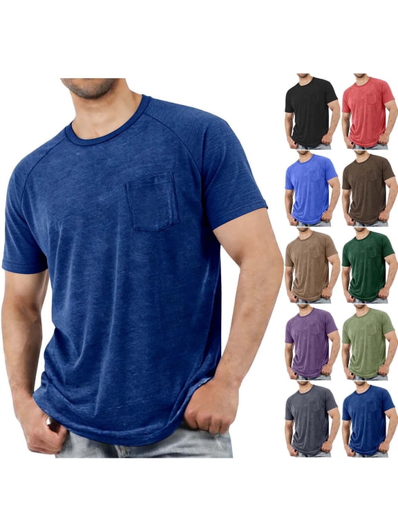 Men's T-Shirts, Cotton Basic Short Sleeve Crew Neck Tee with Pockets Navy Size 3XL