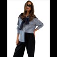 thumbnail image 2 of Camisas de Mujer con Botones, Blusas Clásicas A Rayas de Larga con Cuello y Bolsillo para Oficina Azul y Gris L, 2 of 7