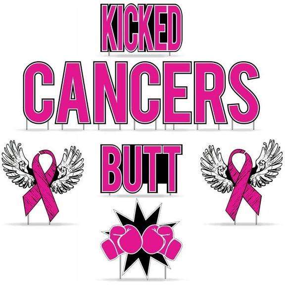 Kicked Cancers Butt Yard Decor Set, Breast Cancer Survivor Yard Signs, 12pcs Includes Garden Stakes 13648