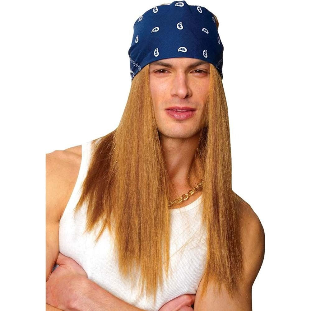 Bret Michaels Rocker Wig with Bandana Yellow/Blue - Walmart.com