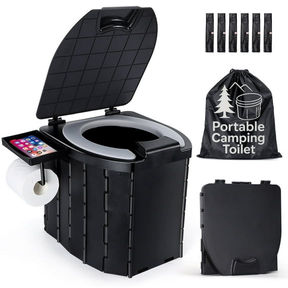 Troxlin Portable Camping Toilet, Folding Outdoor Toilet with PU Cushion, Waterproof Bag & 30 Trash Bags, Perfect for Camping, Hiking, RVs, Trucks & Beach,Black