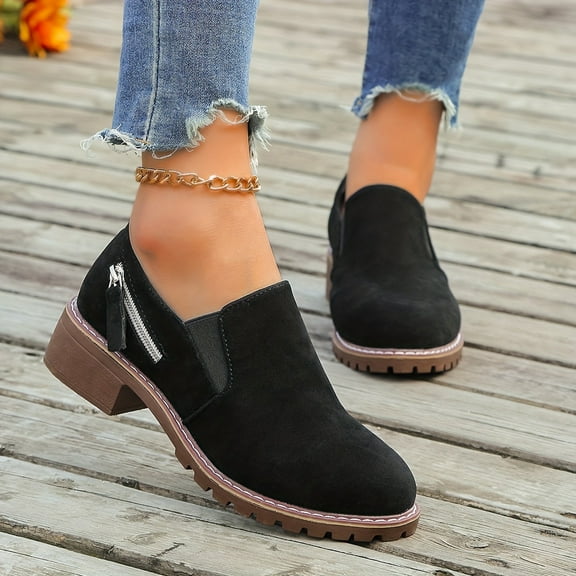 Willtoo Ankle Boots for Women Low Heel Suede Platform Heeled Short Booties Chunky Heel Side Zipper Round Toe Lug Sole Fall Boots Non Slip Outdoor Walking Shoes Black