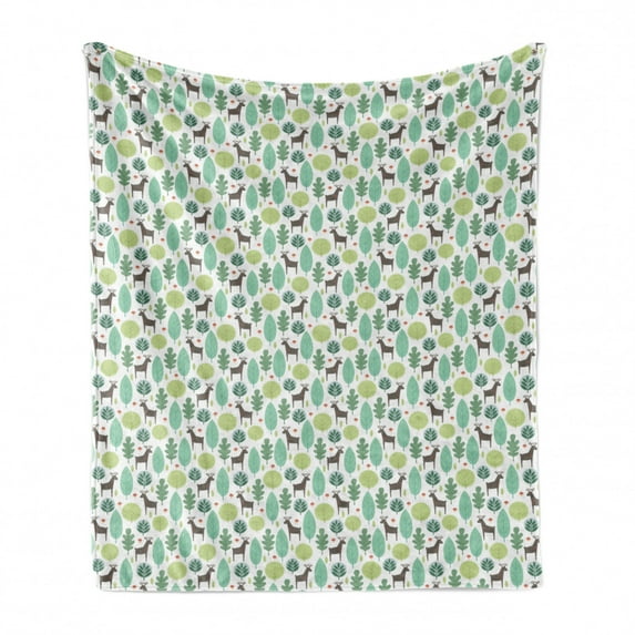 Deer Soft Flannel Fleece Throw Blanket, Childish Doodle Style Forest with Green Tones Abstract Trees and Deer with Heart, Cozy Plush for Indoor and Outdoor Use, 50" x 70", Multicolor, by Ambesonne