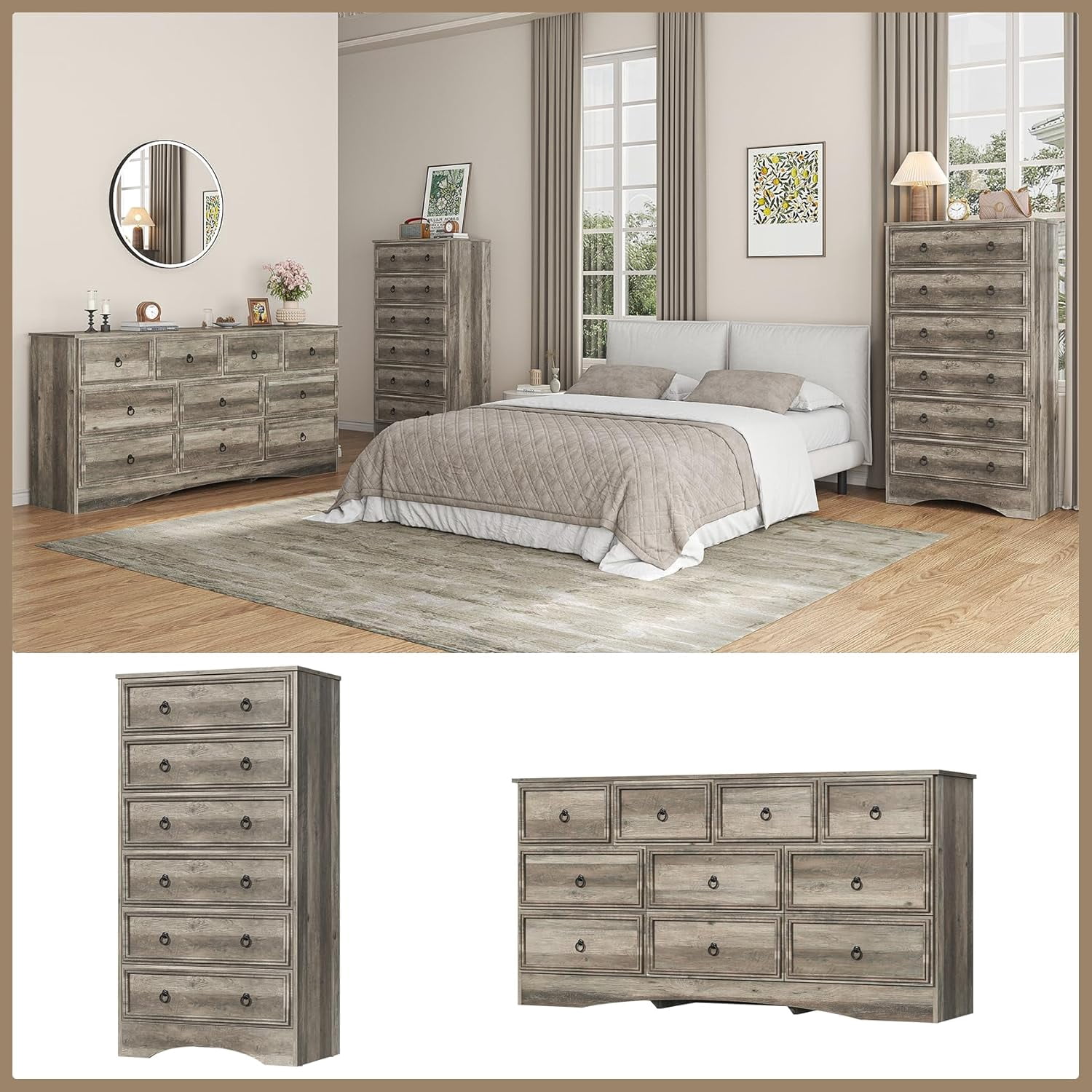 Frmobepts 6 Drawer Dresser Chest Tall Drawers Wood Cabinet for Bedroom, Gray Wash