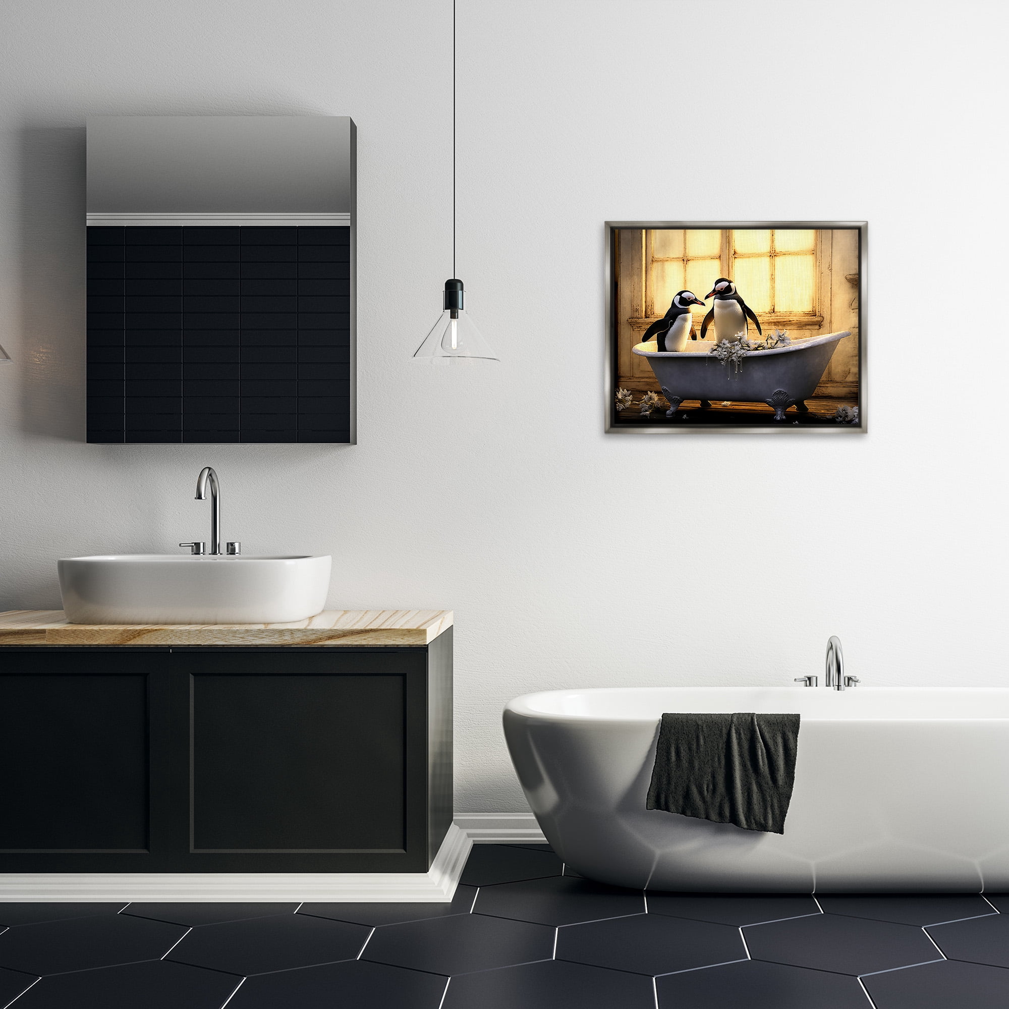 Stupell Industries Penguins in Sunlit Bath Animals & Insects Painting Gray Floater Framed Canvas Art Print Wall Art, 31 x 25