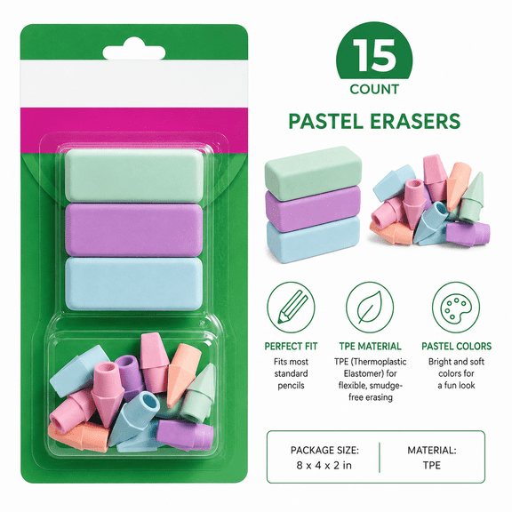 Pencil Wedge and Cap Erasers, 15 Count