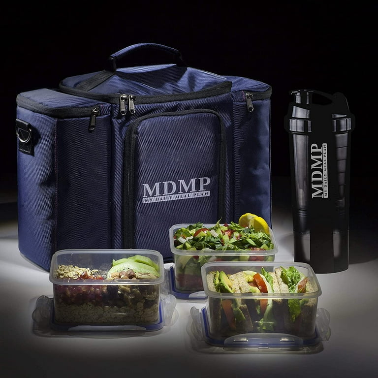 Meal Prep Lunch Bag / Box For Men, Women + 3 Large Food Containers (45 Oz.)  + 2 Big Reusable Ice Packs + Shoulder Strap + Shaker With Storage.  Insulated Lunchbox Cooler Tote. Adult Portion Control Set 