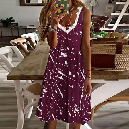 

Giligiliso Clearance Summer Dresses For Women 2023 Fashion Women Casual Sexy V-Neck Printing Summer Lace Sleeveless Mini Dress