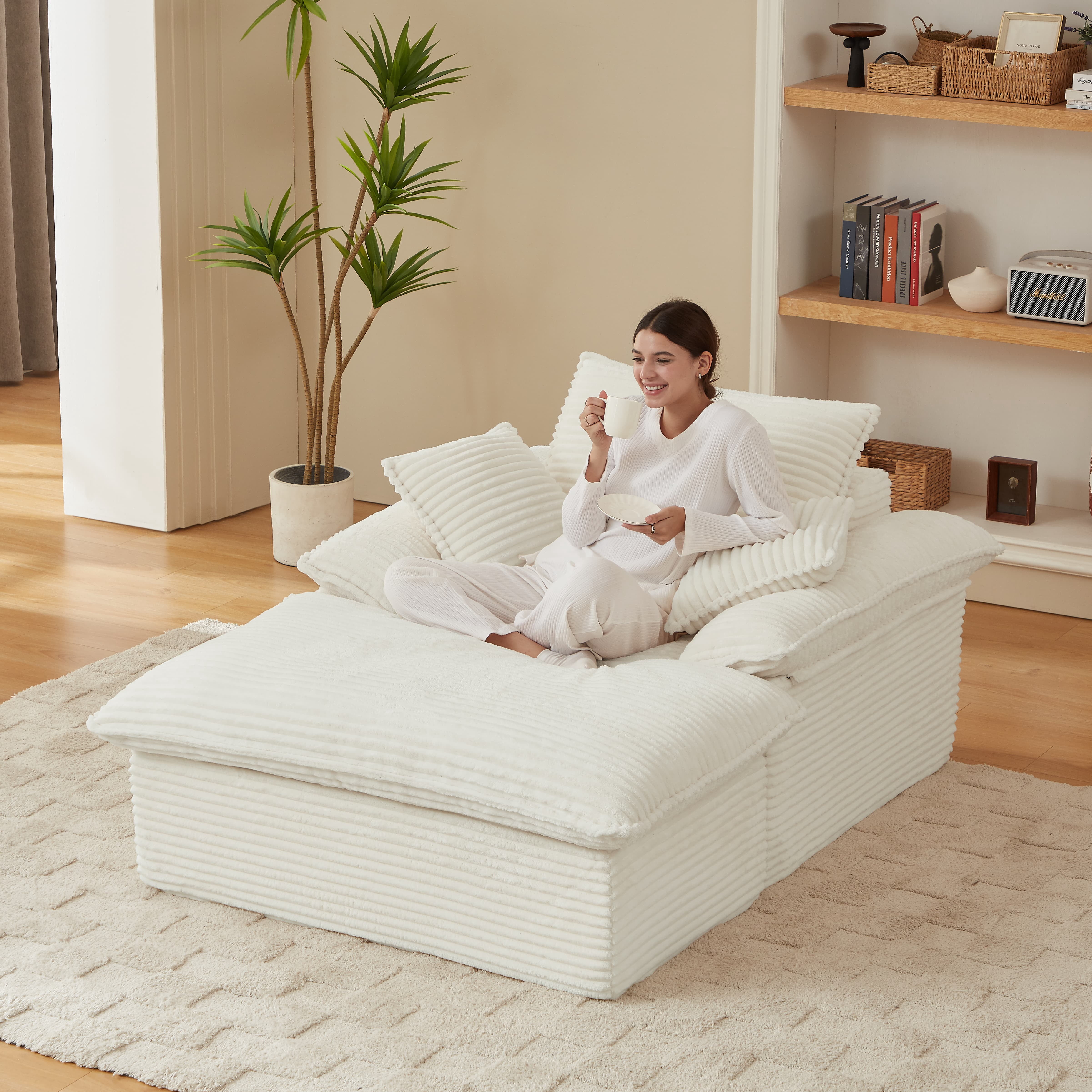 MAYEERTY White Corduroy Modular Sofa, Oversized Single Chaise Lounge with Activity Footrest for Apartment,52×71×37"