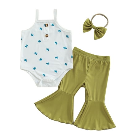 

Bagilaanoe 3pcs Newborn Baby Girl Pants Set Print Sleeveless Romper Tops + Flare Trousers + Headband 3M 6M 12M 18M Infant Casual Clothes