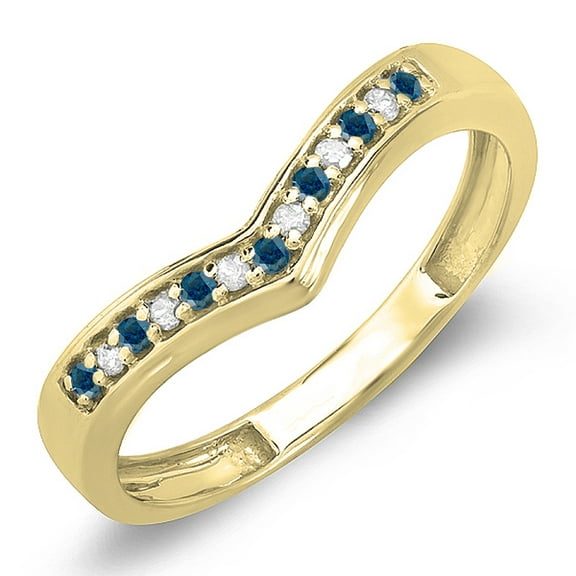 0.15 Carat (ctw) 18K Yellow Gold Round Real Blue & White Diamond Wedding Stackable Band Anniversary Guard Chevron Ring