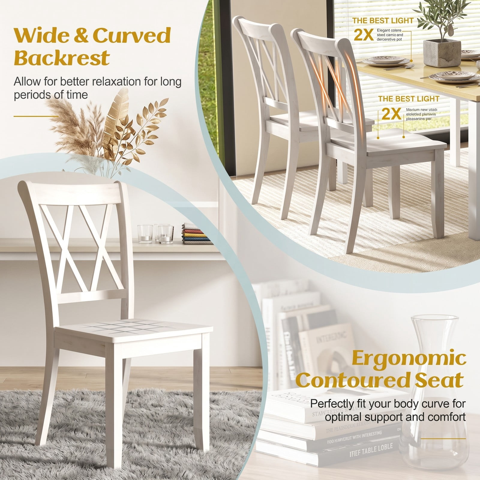 Furnibear Set of 2 Wooden Dining Chairs, Mid Century Modern Farmhouse Kitchen Side Chairs with High Backrest and Rubber Wood Frame for Dining Room, White