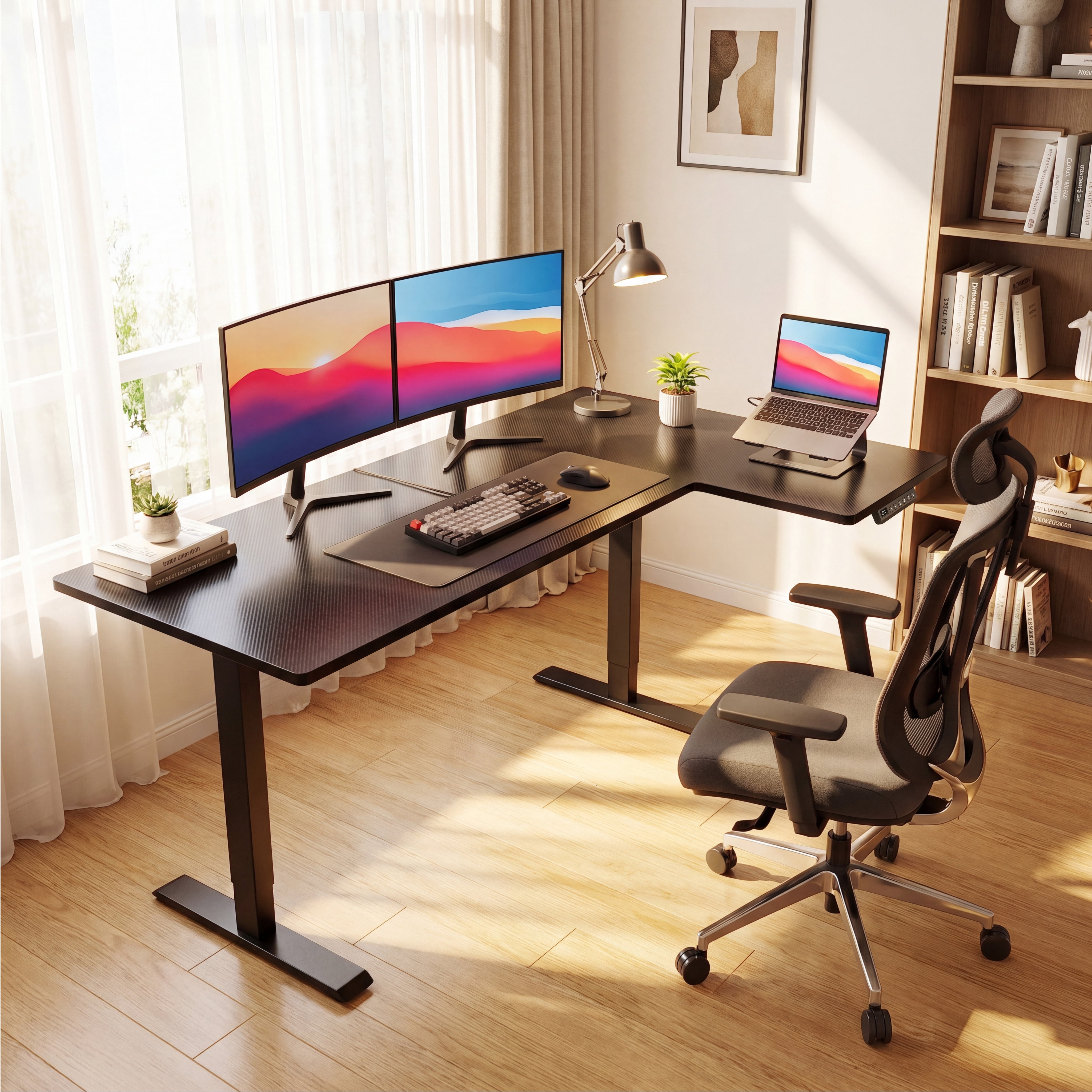 55 Inch L Shaped Standing Desk, 55 x 32 Sit Stand up Desk, Height Adjustable Computer Desk, Reversible Corner Workstation, Carbon Fiber Black