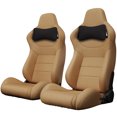 thumbnail image 4 of Universal Racing Seats 2PC Set - Brown Stitched PVC Leather Bucket Seats w/Adjustable Recline & Sliders, Carbon Fiber Look Backrest, Lightweight for Car/Truck (No Bracket), 4 of 8