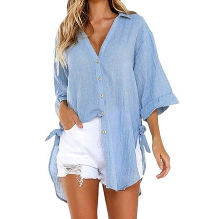 

Sleep Tunic Shirts for Women Button Down Shirts Long Sleeve V Neck Side Slit Sleepwear Loungewear Homewear Boyfriend Sleepshirt Pajama Tops