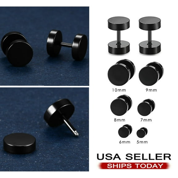 Black Stud Earrings Men Women Faux Gauges Ear Tunnel Stainless Steel Earrings 6 Pairs 5mm-10mm