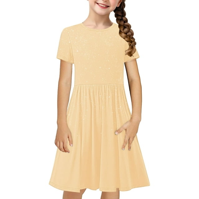 Tauxra Robe Trapèze à Manches Courtes pour Filles, Robe Décontractée Extensible Unie pour Tout-Petits, pour Enfants de 4 à 14 Ans, École Fête Tenue Quotidienne Douce 95 Polyester 5 Spandex