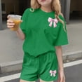 thumbnail image 2 of DxhmoneyHXGirls Summer Clothing Set Crew Neck Bow Print Short Sleeve T Shirts Loose Fit Lounge Shorts with Pockets 2 Piece Outfits for 3-14 Years, 2 of 6