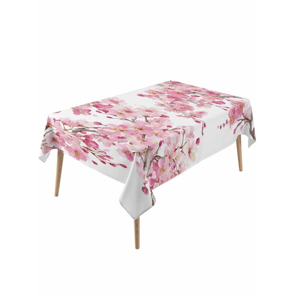 Spring Peach Flowers Table Cloth, Waterproof Tablecloth for Rectangle Tables, Pink Botanical Floral Leaves Branch Reusable Washable Fabric Table Cover for Restaurant Kitchen Dining Tables 54"x108"