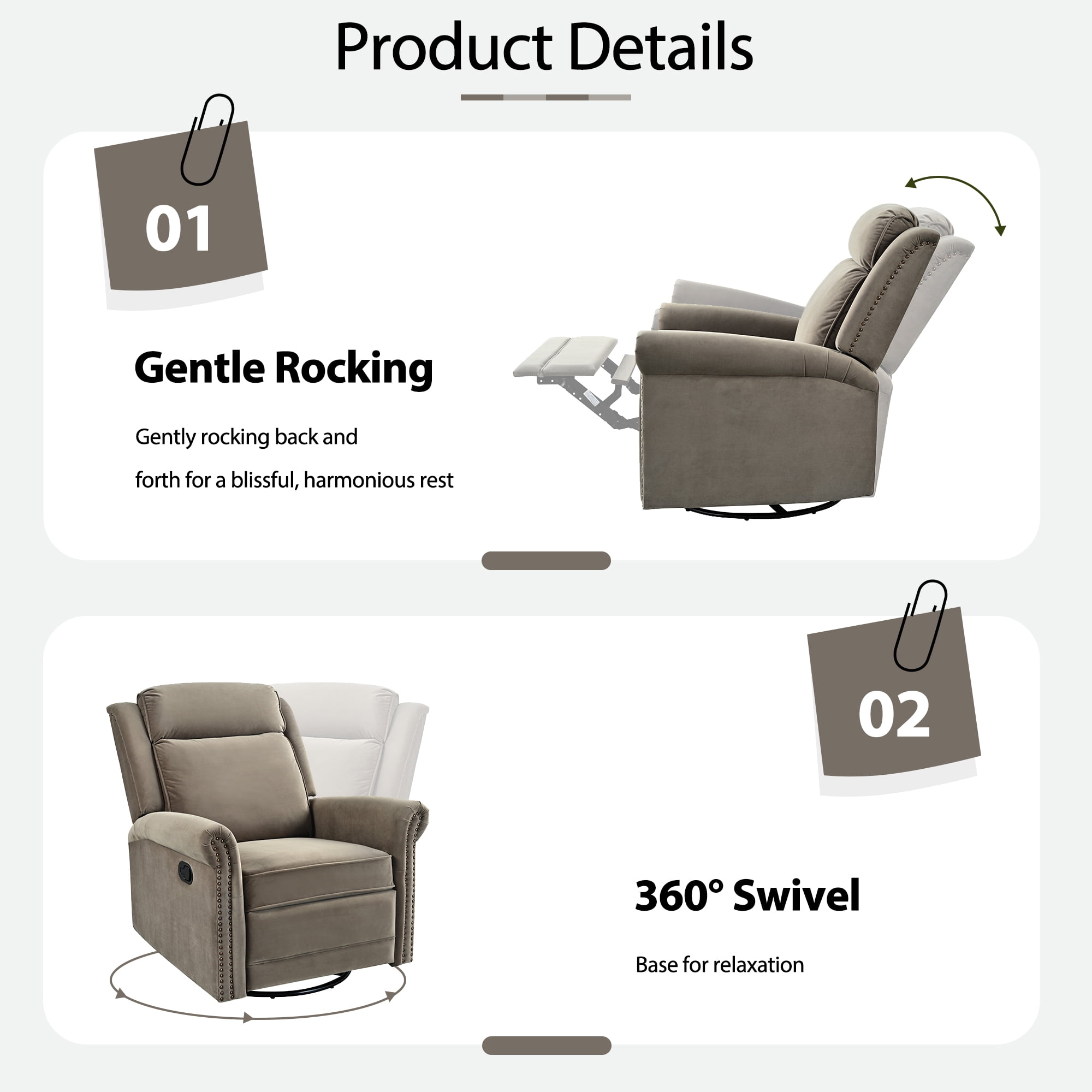 Euroco 360° Swivel Recliner Manual Rocking Recliner Home Theater Manual Recliner Chair Nursery Rocker with Adjustable Backrest for Living Room, Light Brown