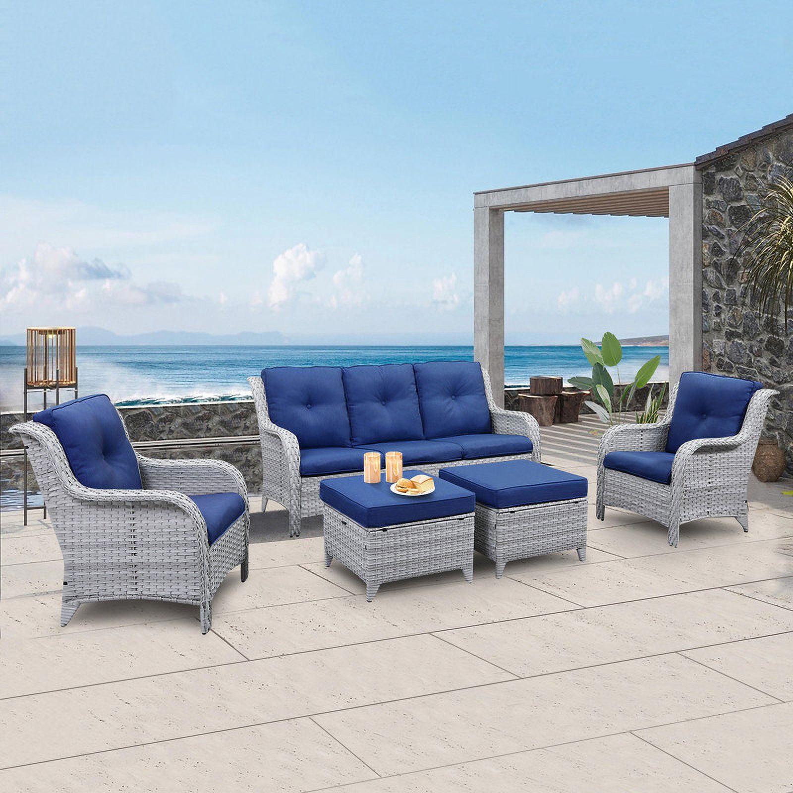 PARKWELL 2PCS Outdoor Wicker Ottoman Patio Rattan Furniture Footrest Seat Square Footstool w/Blue Cushion