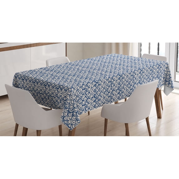 Ethnic Tablecloth, Far Eastern Scales Messy Curves with Vertical Stripes and Grungy Look, Rectangle Satin Table Cover Accent for Dining Room and Kitchen, 60" X 84", Navy Blue and Cream, by Ambesonne