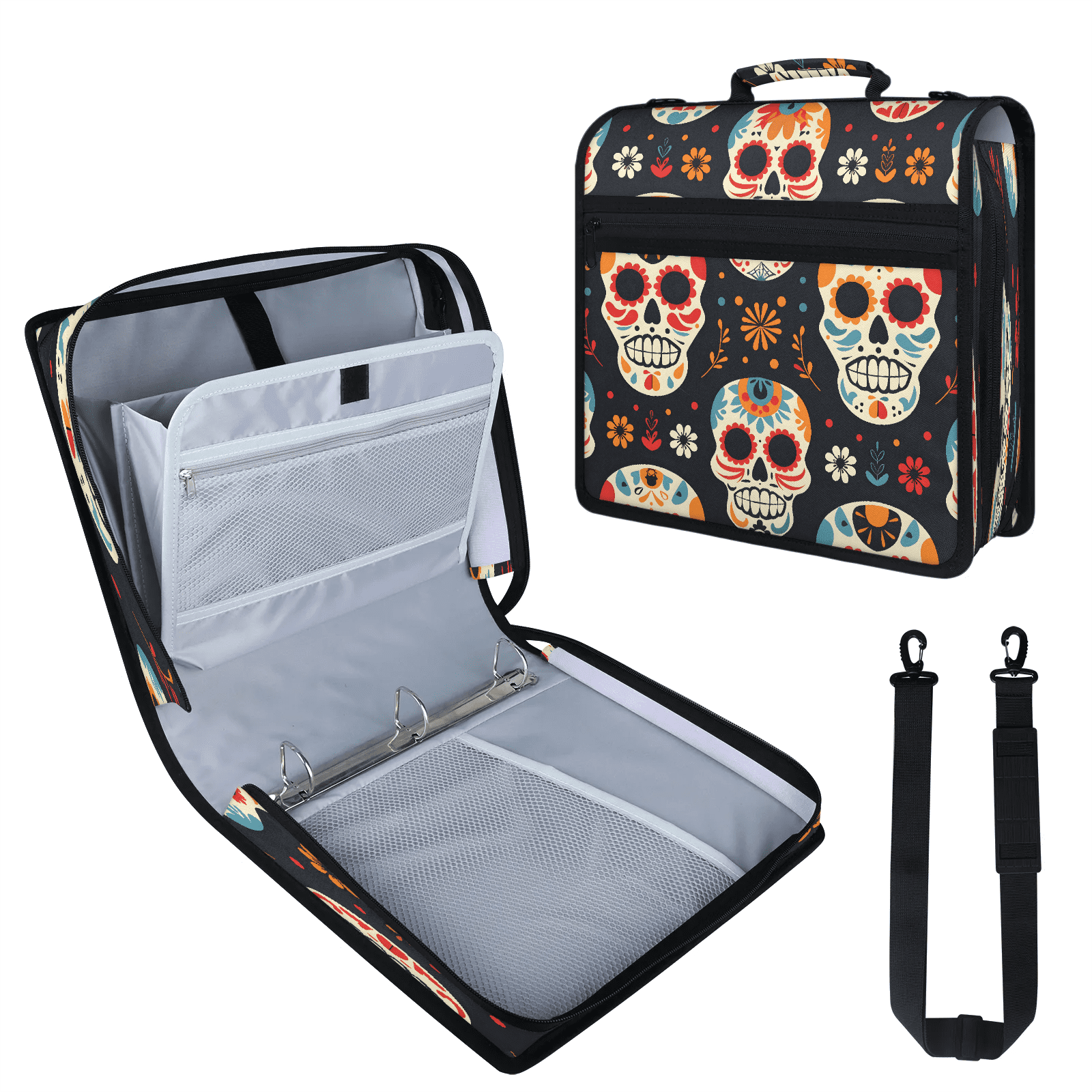 Herdesigns Sugar Skull Floral Zipper Binder with Shoulder Strap, Waterproof 1.5 Inch 3 D-Ring Binder Organizer Bag, Fits 13 Inch Laptop for Work,