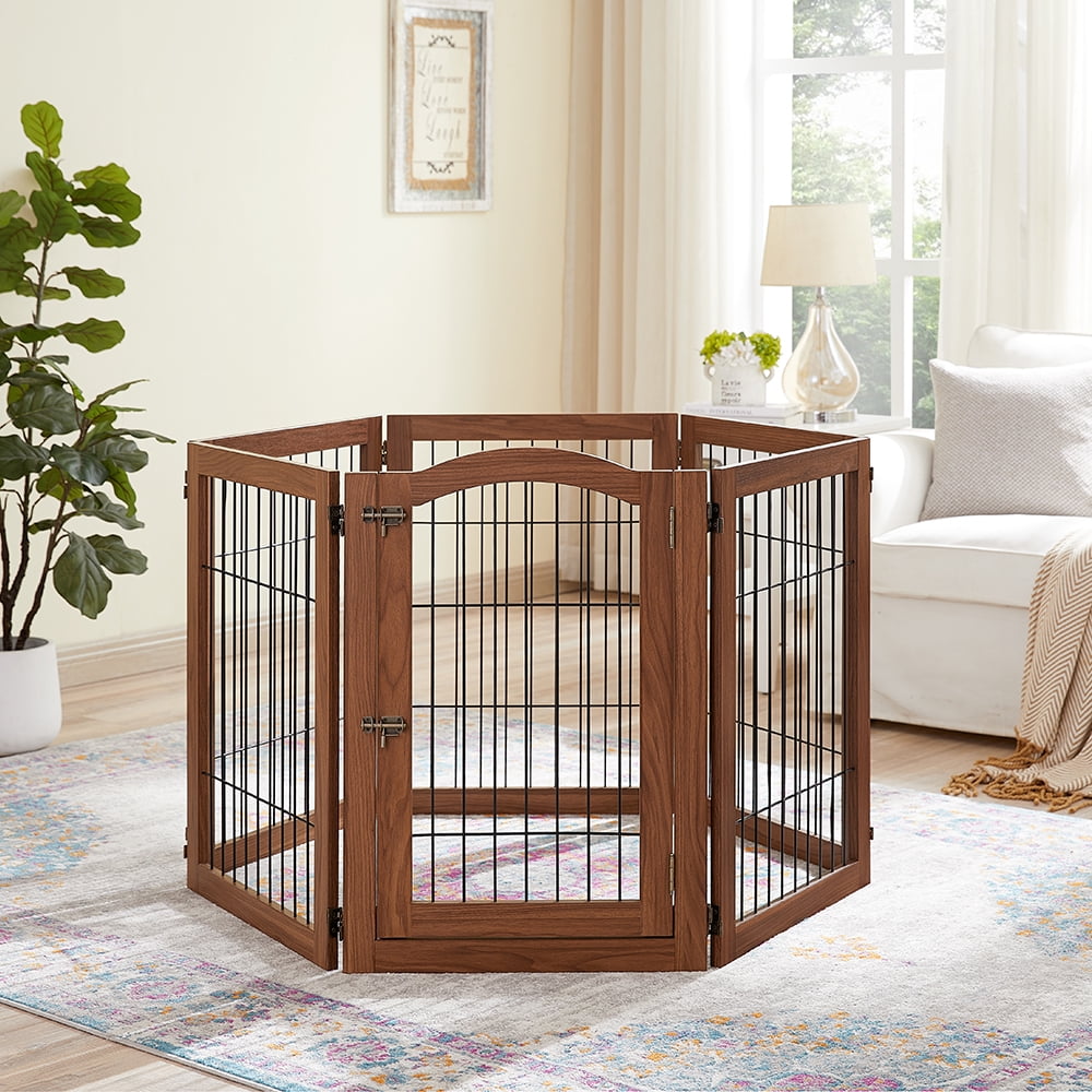 Unipaws Extra Wide Dog Gate, 6 Panels Freestanding Pet Gate, Walnut