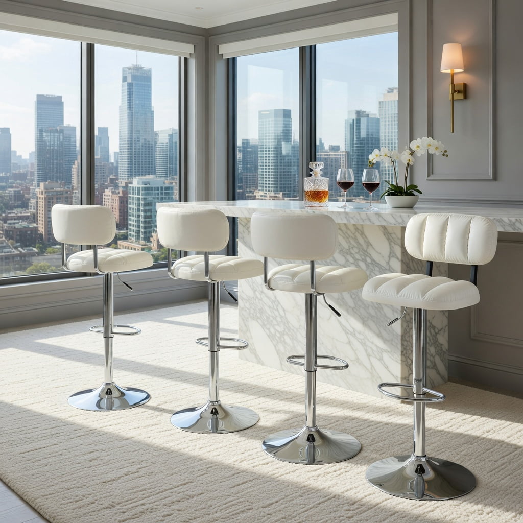 Hommoo 2-Pack Adjustable Bar Stools, PU Leather with Chrome Base & Footrest, Height-Adjustable Modern Kitchen Island Stools for Home Bar, Living Room & Dining Area, White