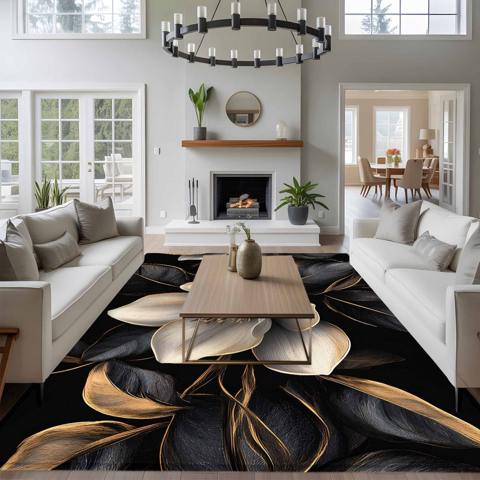 5'x8' Area Rugs, Black Gold Flower Indoor Outdoor Area Rug for Living Room Bedroom, Gradient Luxurious Floral Botanical Washable Bathroom Rugs Kitchen Floor Carpet Mats Home Decor Aesthetic