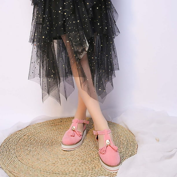 Zapatos de plataforma en forma de T hueca Baotou con borlas de verano, sandalias con hebilla de gamuza Wmkox8yii shjk4891
