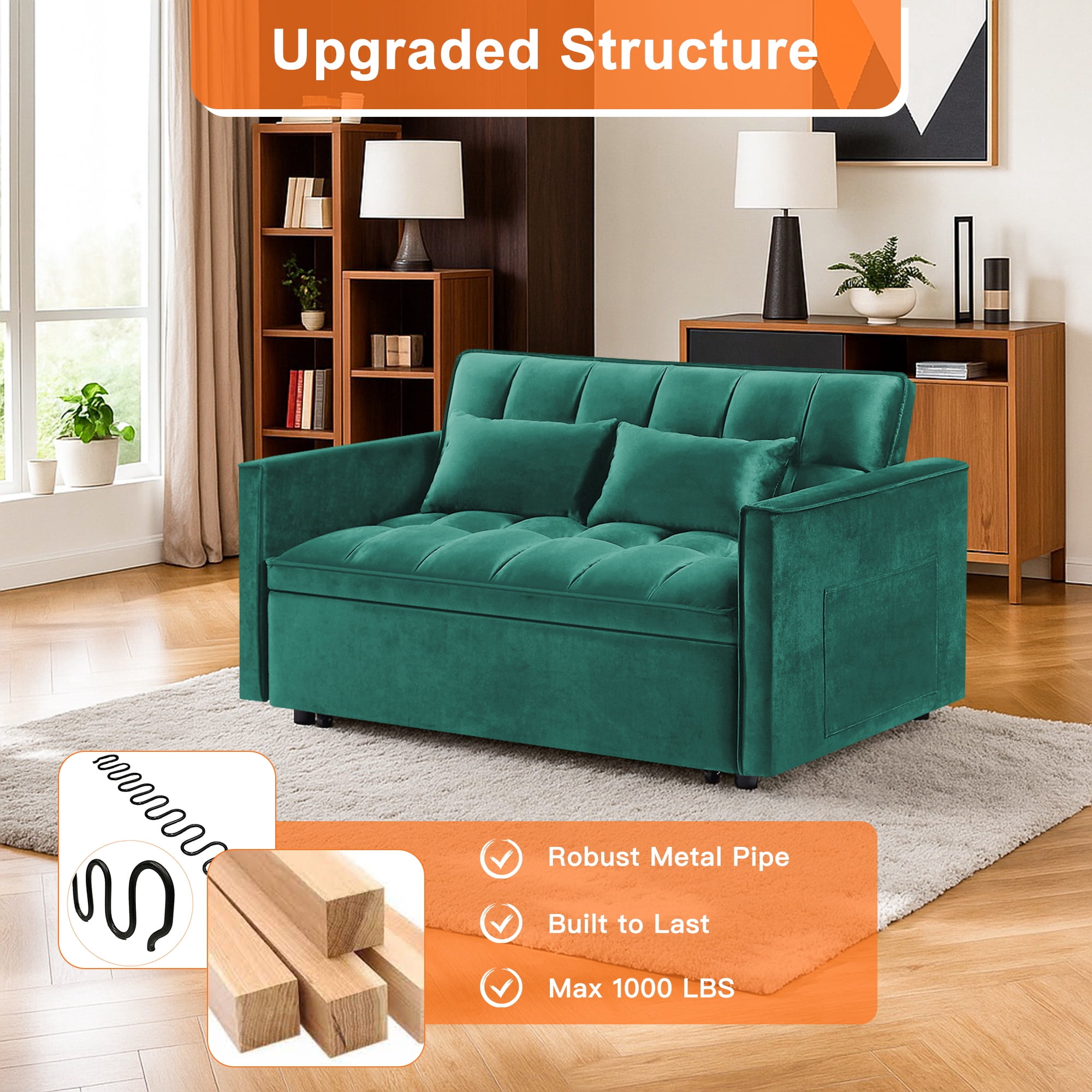 Kadyn Futon Sofa Bed, 54" Adjustable Backrest Convertible Futon Sofa for Living Room, Futon Sleeper Sofa with Side Pouch, Green