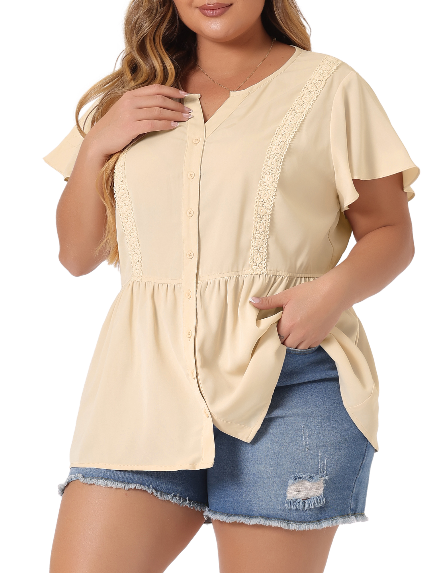 DARING DIVA Women's Plus Button Down V Neck Short Sleeve Flare Top 3X Beige