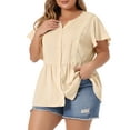 thumbnail image 2 of DARING DIVA Women's Plus Button Down V Neck Short Sleeve Flare Top 3X Beige, 2 of 6