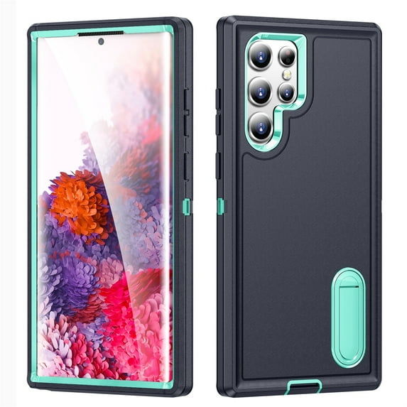 SaniMore for Samsung Galaxy S22 Ultra 6.8" 2022 Hybird Case, Rugged PC Back Shockproof TPU Shell Metal Hidden Kicksatnd Drop Resistant Anti-slip Heavy Duty Protective Case, Blue+Mint