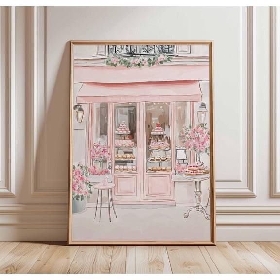 Paris Patisserie French Cafe Pink Bakery Outdoor Table Kitchen Art Print, Unframed Paper Poster 8x10in
