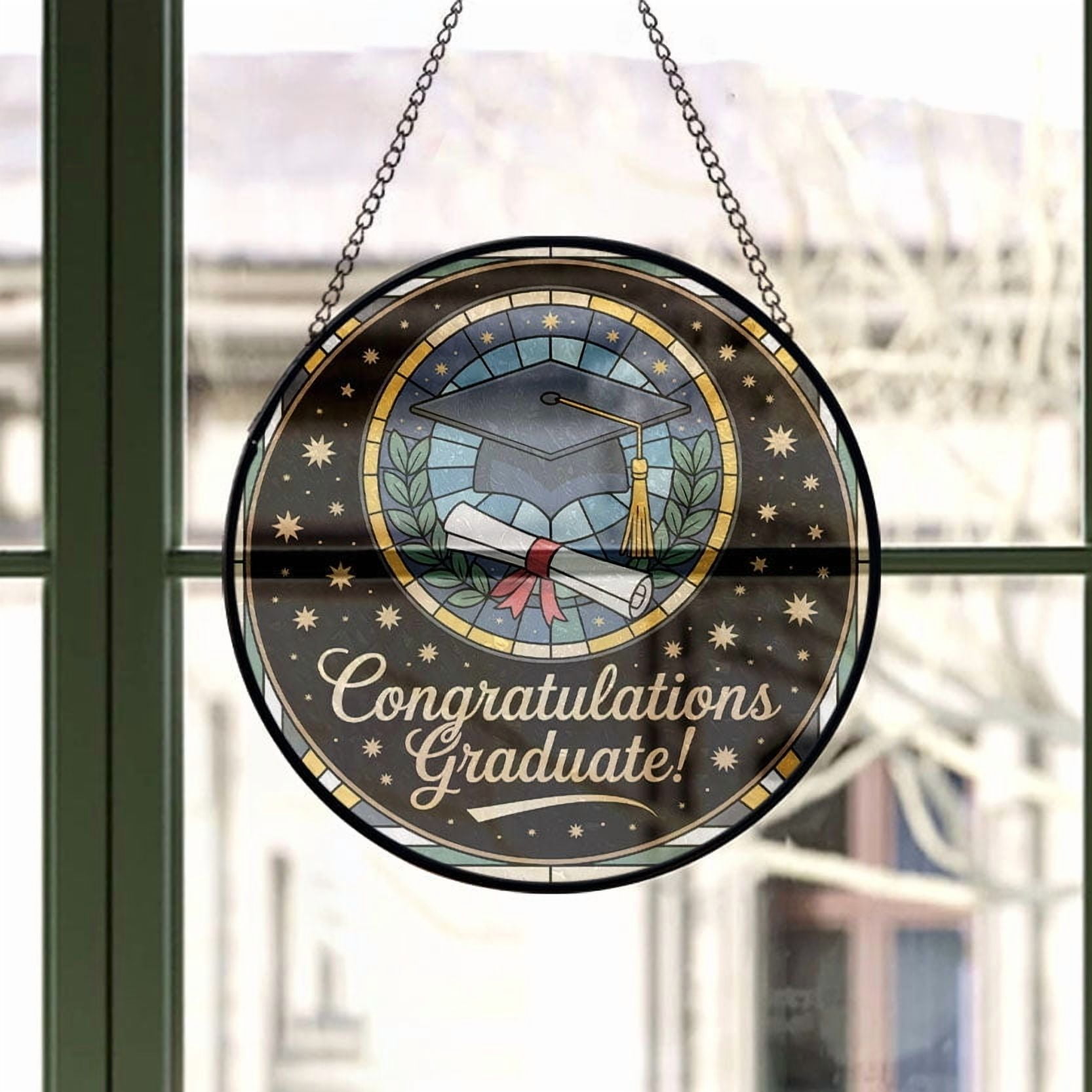 Graduation Cap & Diploma Stained Glass Suncatcher Window Hanging – Customizable Window Hanging for Family, Friends, Man & Woman, Christmas 2025 Tree Decoration