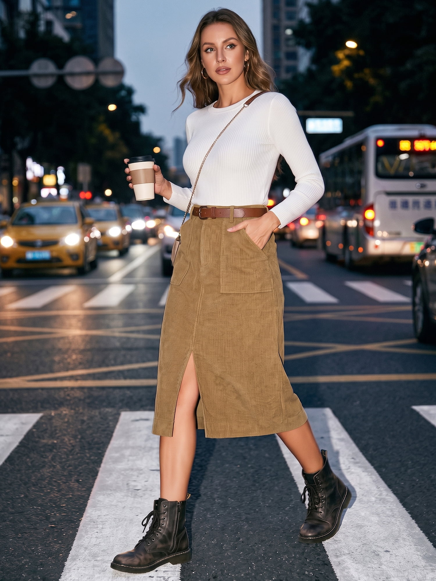 DARING DIVA Women's Corduroy Midi Skirt High Waist A-Line Skirts M Brown