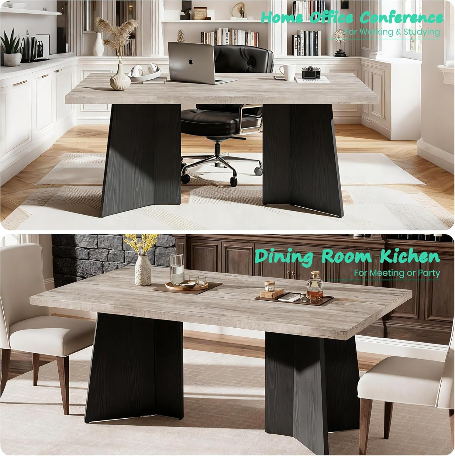 Dining Table for 6-8 People - 63" Modern Long Kitchen Table with Large Tabletop & Pedestal Legs, Dinner Table for Kitchen, Conference Room, Home, Grey & Black