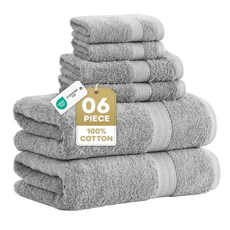 LANE LINEN 100% Cotton Bath Towel Set 6 PCs - Super Soft, Durable & Highly Absorbent, 2 Bath, 2 Washcloths, 2 Hand Towels for Bathroom - OEKO TEX Certified, RingSpun Tech & Hotel Quality - Grey