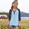 thumbnail image 3 of Cowsor Girl's Casual 3/4 Sleeve T Shirts Button V Neck Tunic Blouses Color Block Basic Tee Tops Loose Fit Summer Shirt, 3 of 6