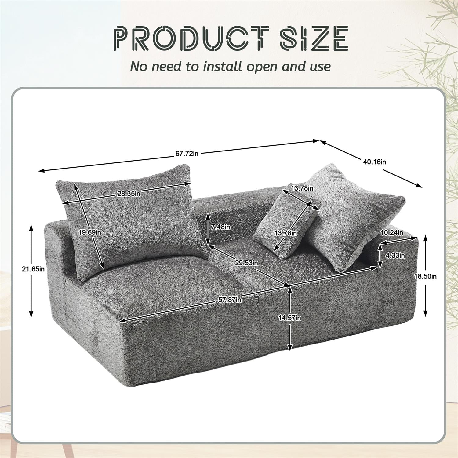 Demi Bonn 67" Premium Fabric Sofa, Cozy 2-Person Couch for Living Room and Office, Comfort Style Lazy Leisure Seat, Gray