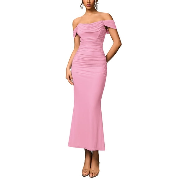 Off the Shoulder Maxi Long Dress Corset Ruched Bodycon Formal Wedding Guest Dresses for Women Pink M