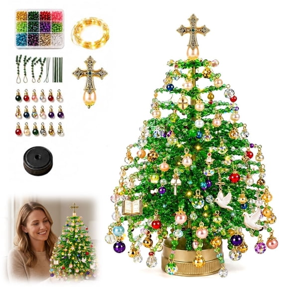 DIY Beaded Christmas Tree Kit with Lights, 3D Crystal Bead Holiday Craft Set, Tabletop Decor for Adults