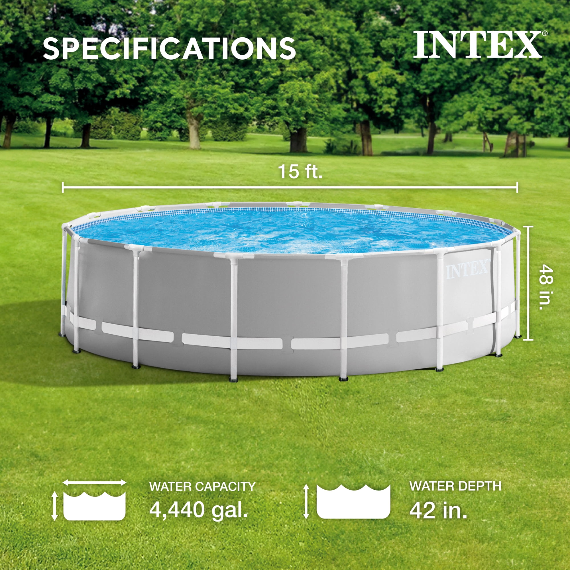 INTEX Round Prism Frame 15ft x 48in Above Ground Swimming Pool Set w/ Pump